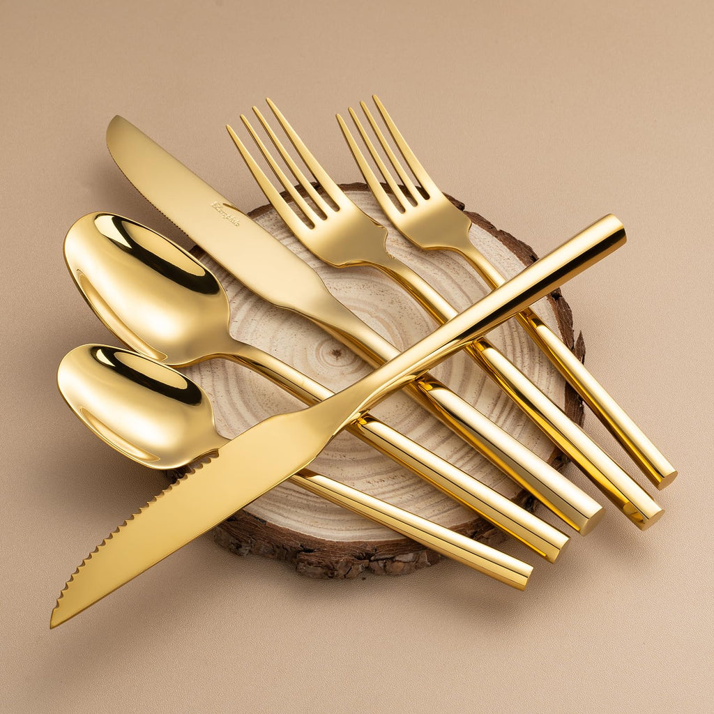 Gold Silverware Set with Steak Knives, Flatware Set with Hexagon Handle 24 Pieces 18/0 Stainless Steel Mirror