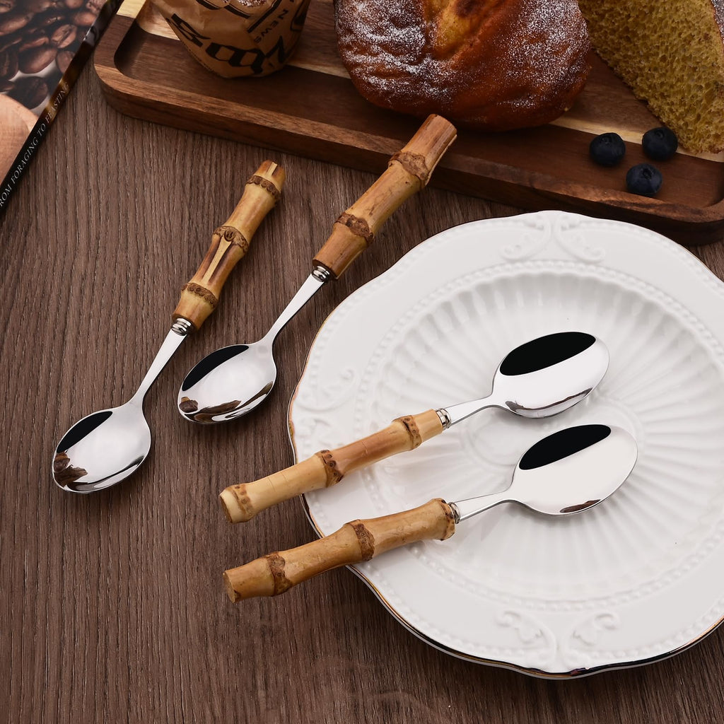 40PCS Silverware Set for 10, Bamboo Handle Flatware Set, Stainless Steel Cutlery Set Restaurant and Party, Bamboo