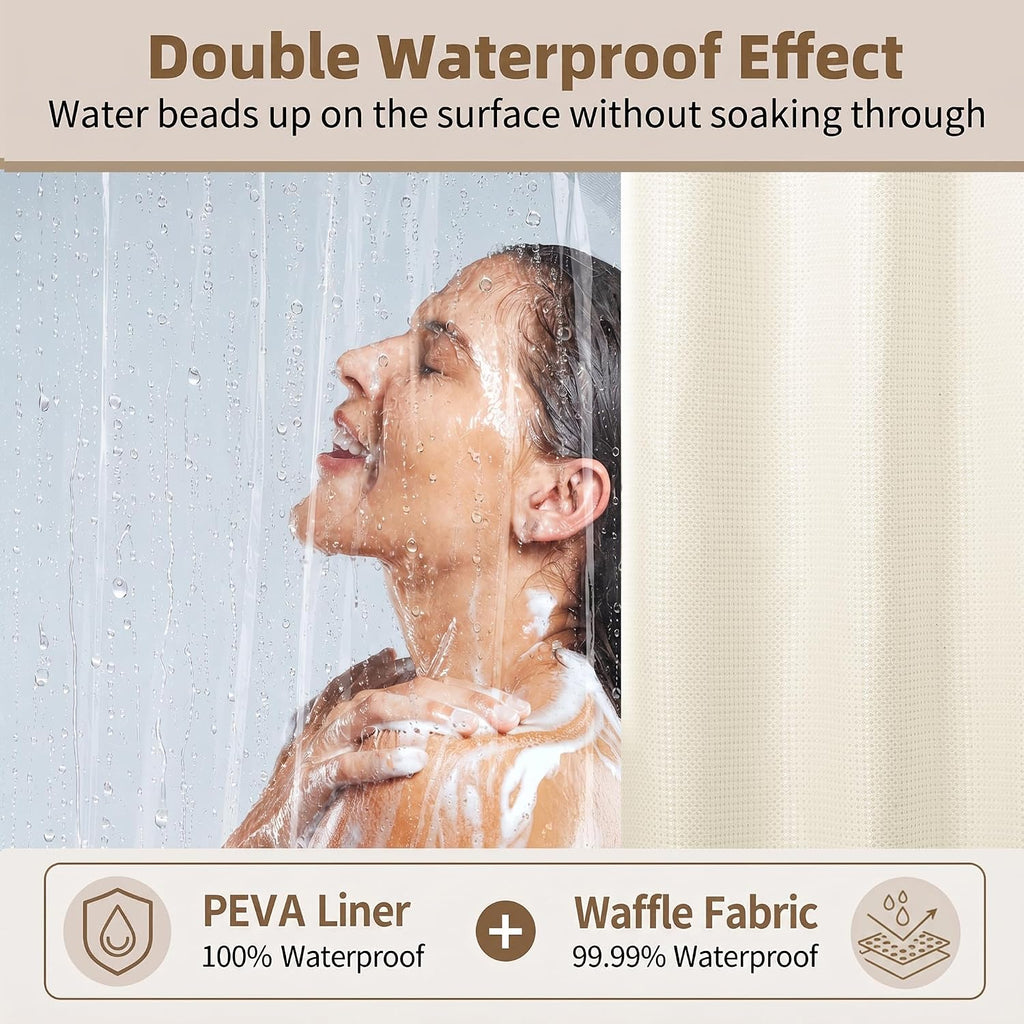 Shower Curtain and Liner Set, Waffle Shower Curtain Set with 12 Stainless Steel Hooks, Waterproof Luxury Fabric