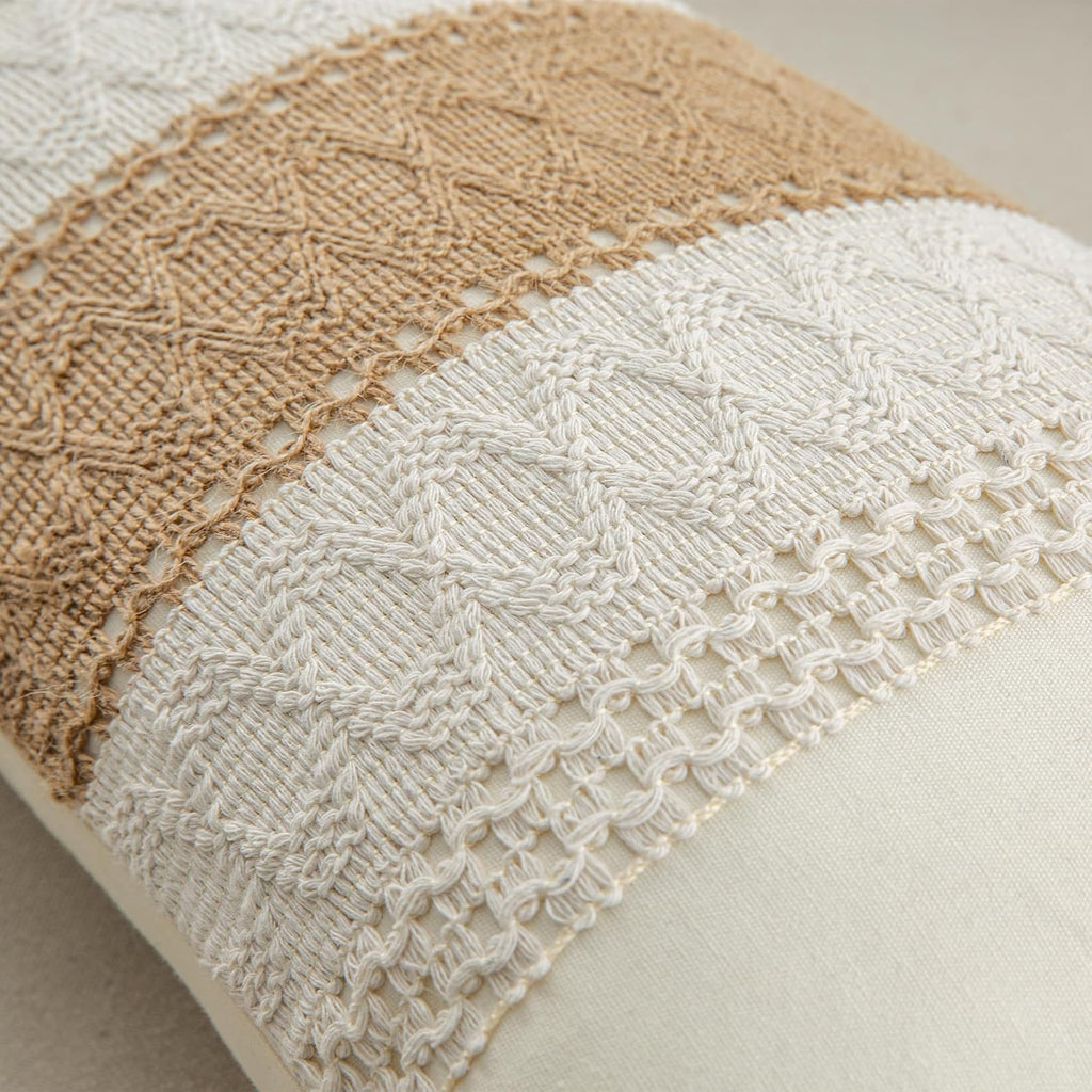 Lumbar Throw Pillow Covers 12 x 20 Inch 1PC for Farmhouse Living Room, Cotton & Burlap Textured Striped Woven Boho