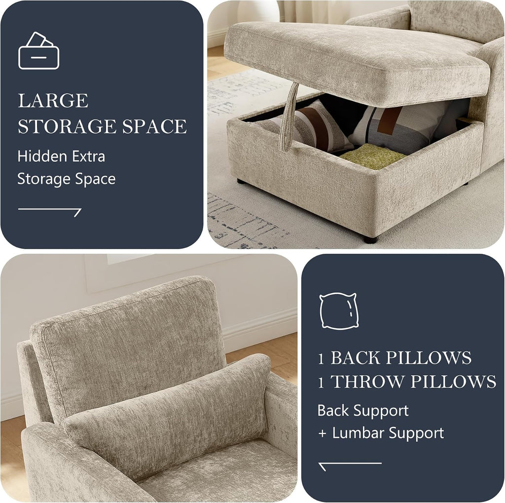 58" Oversized Chaise Lounge Chair with Storage, Chenille Camel | Adjustable Backrest, 2 Back Pillows, Comfy Reading