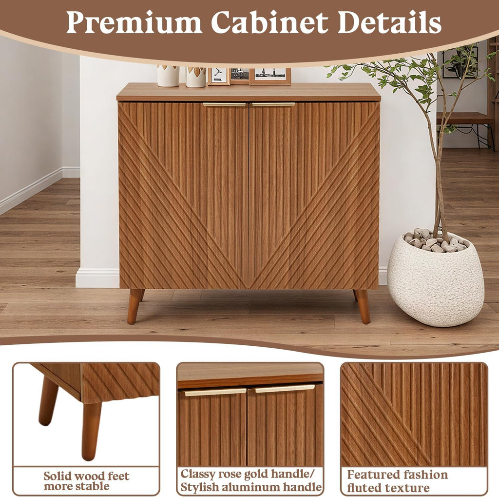 Fluted Brown Wood Sideboard Buffet Storage Cabinet with Doors | Adjustable Shelf, Modern Accent Table, Sturdy Frame