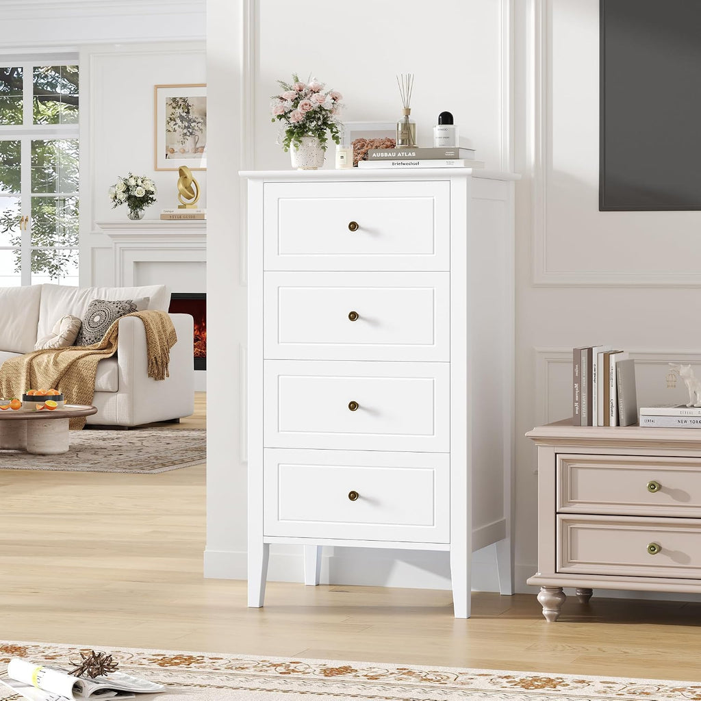 4 Drawer Dresser, White Dresser Antique Chest of Drawers with Solid Frame, Tall Wood Storage Chest Cabinet , White