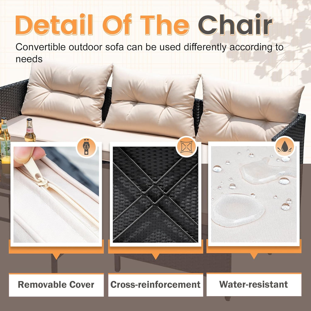 Outdoor Patio Furniture 3-Piece Rattan Waterproof Outdoor Sectional Sofa All-Weather L Shaped Patio Couch with Cushion