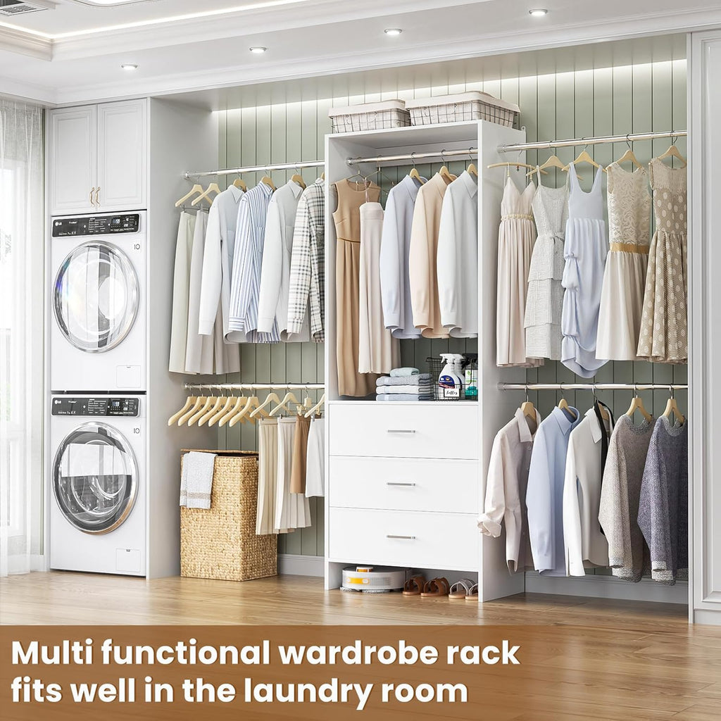 Closet System, Closet Organizer with 3 Wooden Drawers, Closet Organizer System, Walk-in Closet Wardrobe Clothes Rack