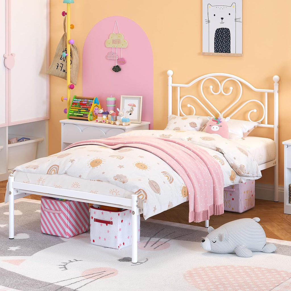 Twin Bed Frames with Headboard, Heavy Duty Metal Platform for Kids Girls | Under Bed Storage Space, Easy Assembly, No
