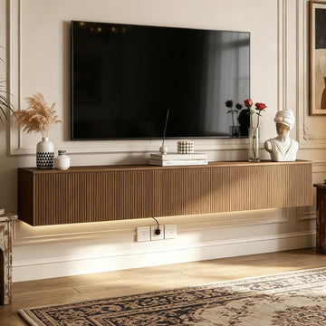 Oak Floating TV Stand, Fluted TV Console Wall Mounted, Floating Entertainment Center, Fluted TVs Cabinet Wood, Oak
