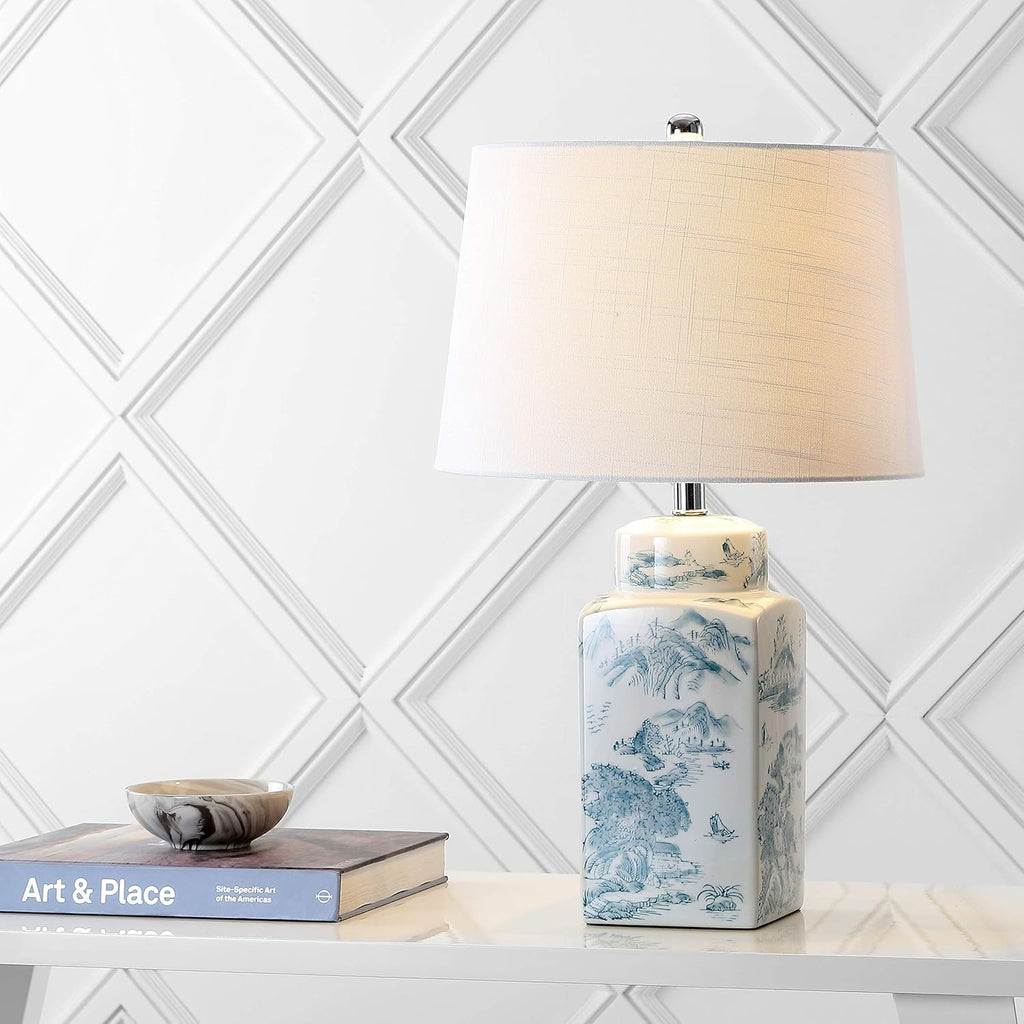 24.5" Blue/White Chinoiserie Ceramic Table Lamp, Traditional Square Ginger Jar Mountain Toile Lamp Bedroom