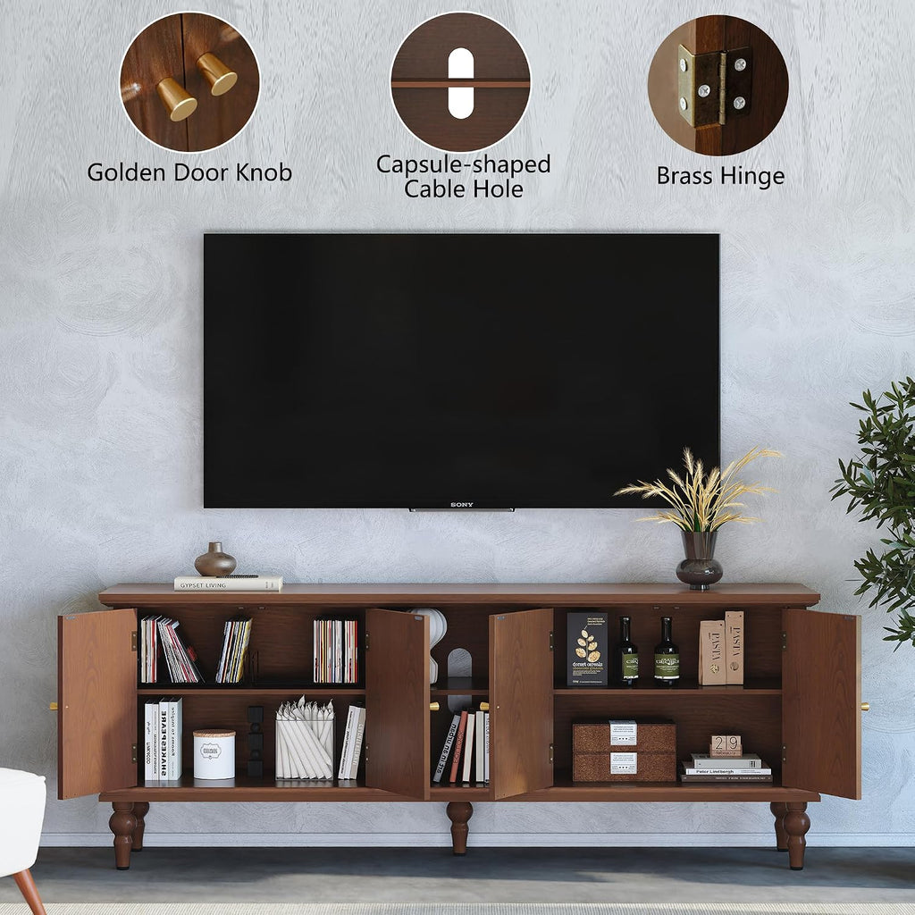 67" Mid Century Modern TV Stand with Window Design,Wood Entertainment Center with Open Shelf,Up to 70" Media TV for Living Room or Bedroom,Walnut