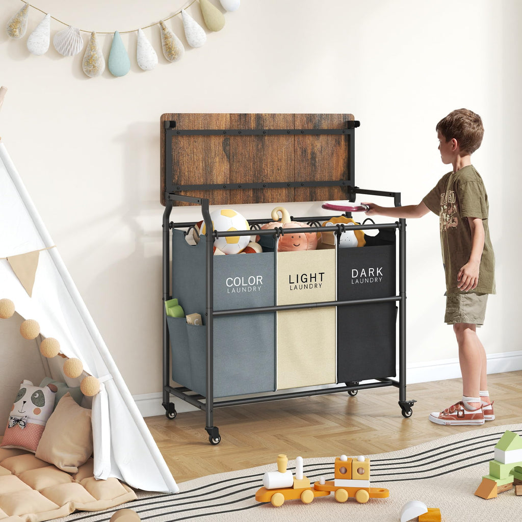 3 Section Laundry Sorter with Ironing Board, Hamper with Wheels