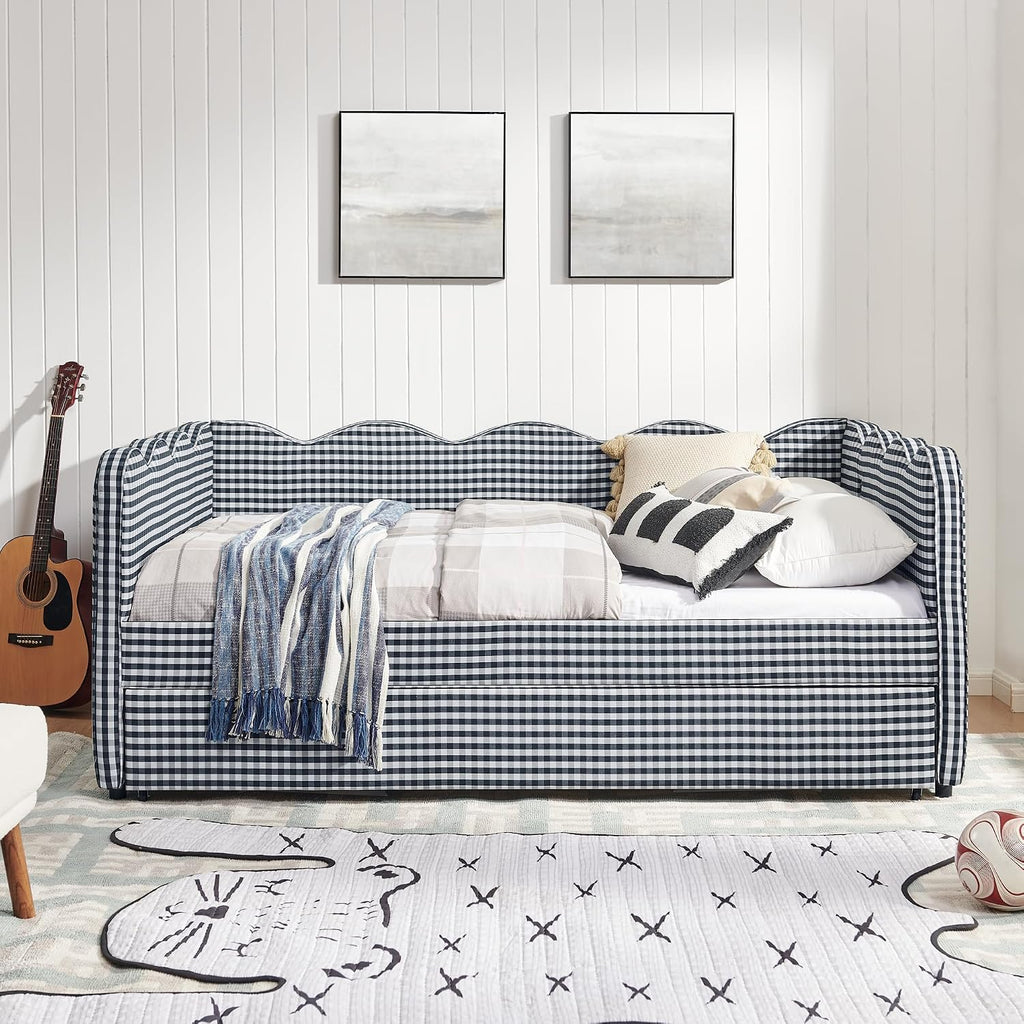 Full Size Upholstery Daybed with Trundle and USB, Full to King Design Adorable Wave Shaped Extendable Linen Sofa Bed