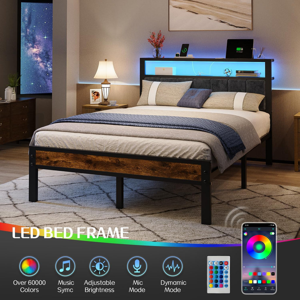 Full Platform Bed Frame with LED Lights, Charging Station, Grey Upholstered Headboard with 2-Tier Storage Shelves