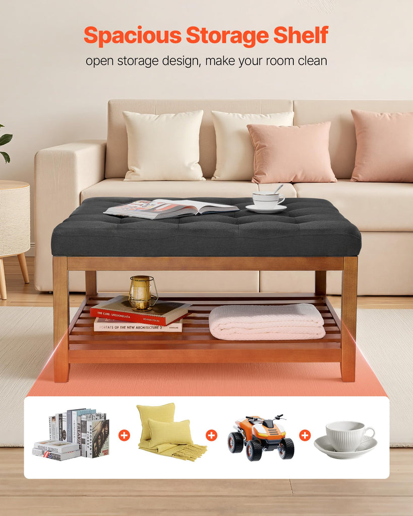 Large Square Ottoman Coffee Table, 34.5 Inch Tufted Coffee Table with Solid Wood Shelf Storage, Linen Solid