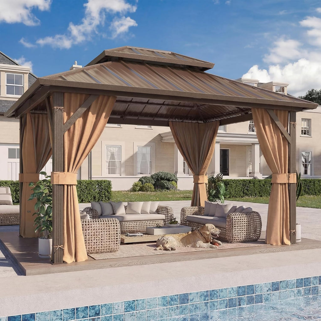 10' x 12' Gazebo Hardtop with Aluminum Frame,Galvanized Steel Double Roof Gazebos with Curtain and