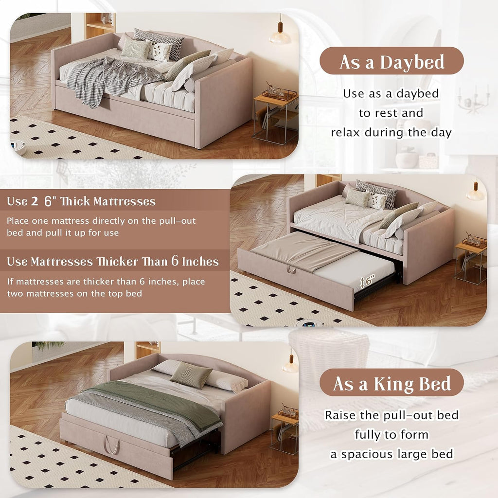 Twin Velvet Daybed with Extended Pop-Up Trundle, Pink | Upholstered Sofa Bed with Space-Saving Twin-to-King Design