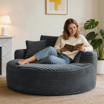 55'' Oversized Round Chaise Lounge Chair Indoor, Upholstered Corduroy Cloud Circle Chair with 3 Pillows, Deep Seat