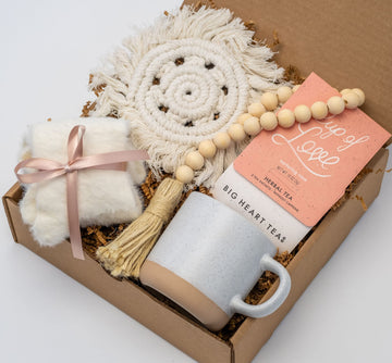 Handmade Birthday Gift Basket for Women with Ceramic Speckled Mug, Premium Fuzzy Socks, Wooden Beads, Cup of Love