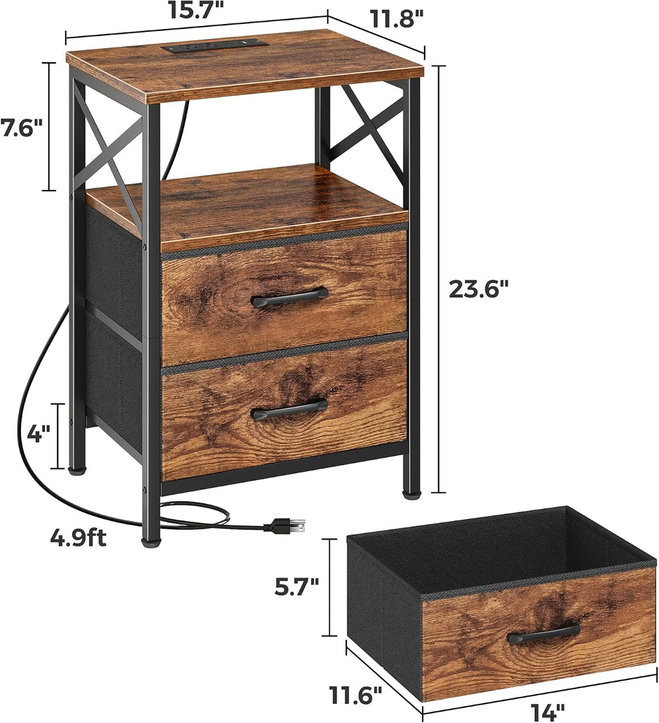 Nightstands Set of 2, Night Stand with Charger Station, 2 Drawer Side Table with Open Shelf, USB-C Port, End Table