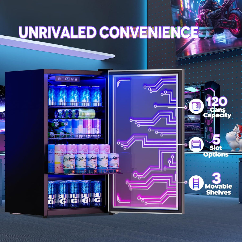 Gaming Light Up Beverage Refrigertor, Led Lighting Door 120 Cans Freestanding Be