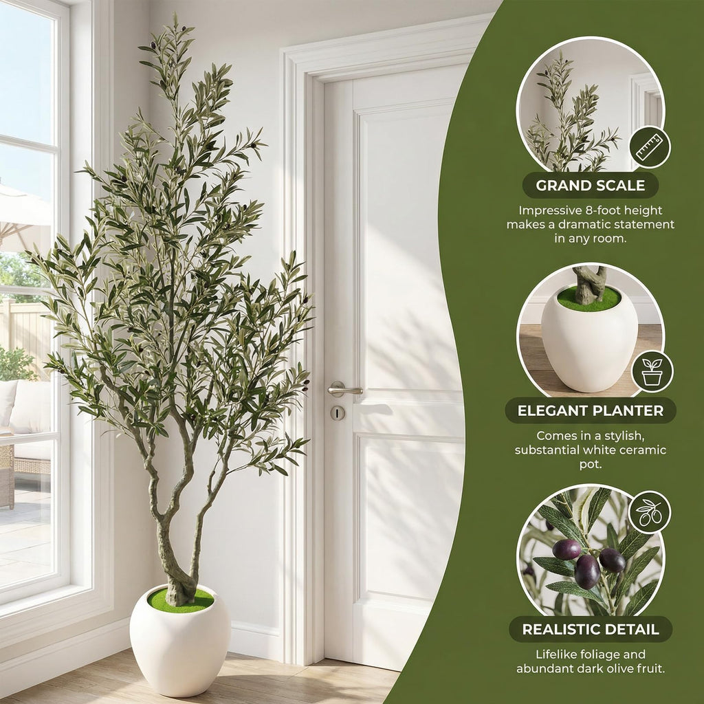 8ft Faux Olive Tree Artificial Indoor, Fake Olive Tree with Pot, Large Olive Branches and Lifelike Fruits, House Living
