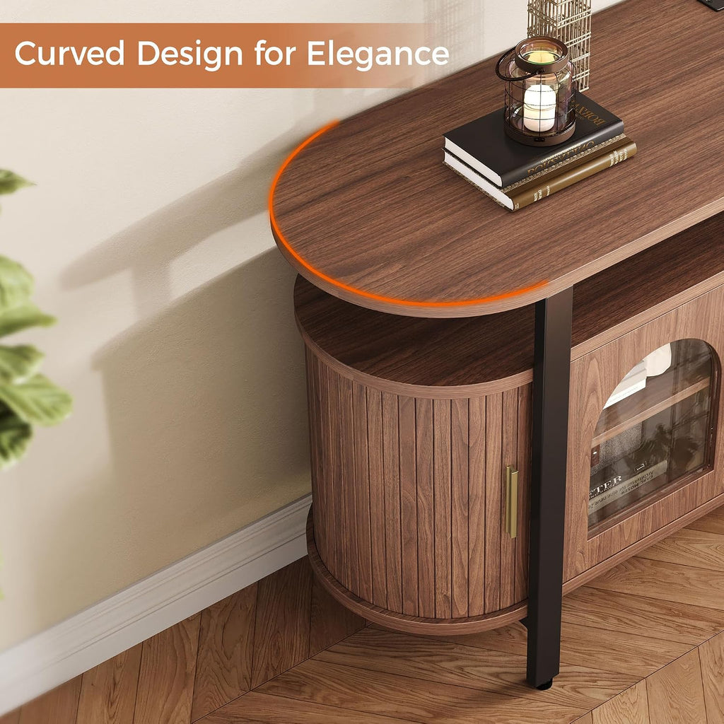 Mid-Century TV Stand for TVs up to 70, Entertainment Center with Storage Drawer and Sliding Door, Walnut TV Console