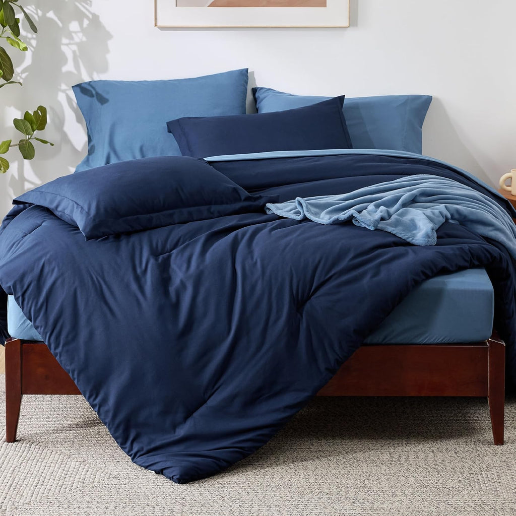 Full Comforter Set Navy Blue, 8 Pieces Prewashed Full Bed in a Bag with Soft Fleece Bed Blanket