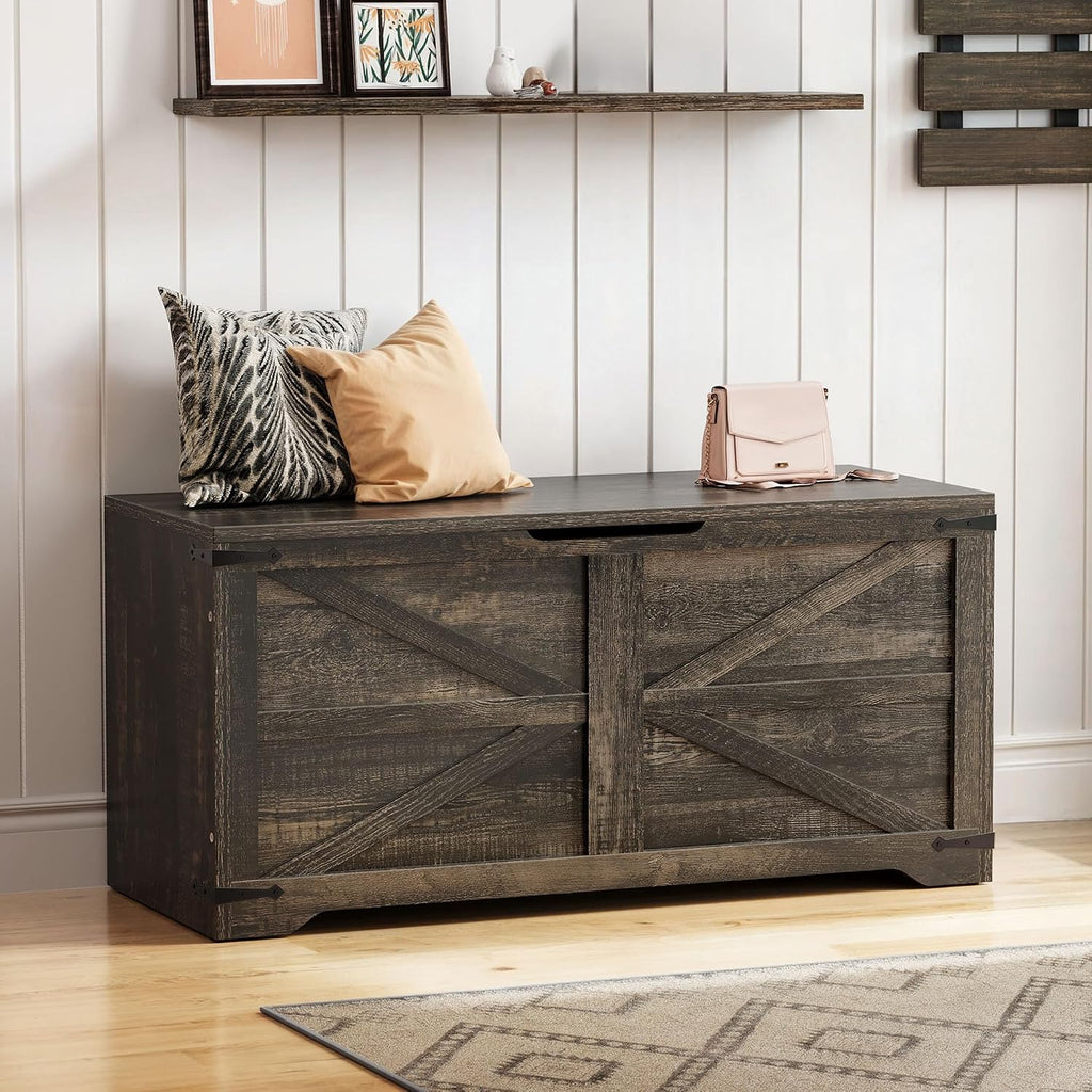 Wooden Storage Bench, Farmhouse Storage Chest with Safety Hinges, Entryway Shoe Organizer, Multi-Use Storage