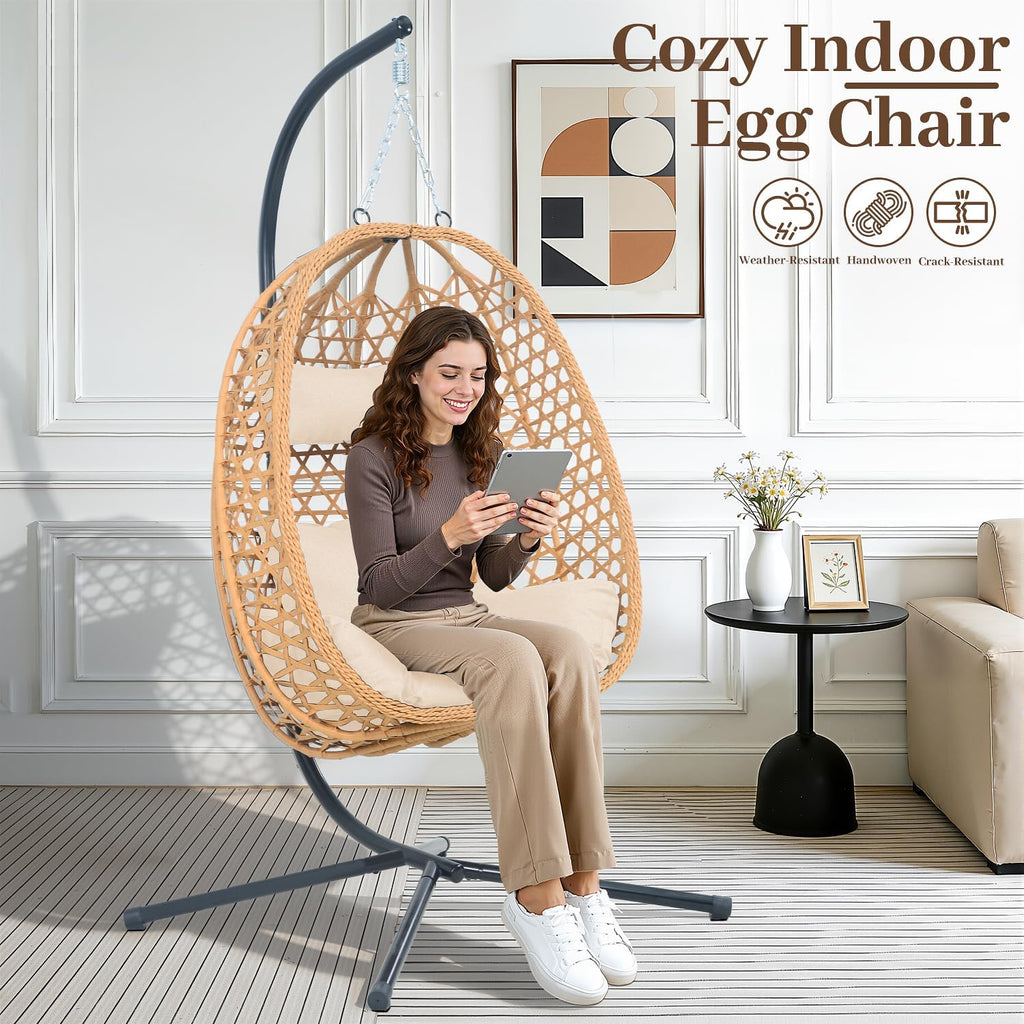 Hanging Egg Chair with Stand,All-Weather Rattan,330LBS Cap,Burlywood | Swing Chair with stand & thick cushions,330lb