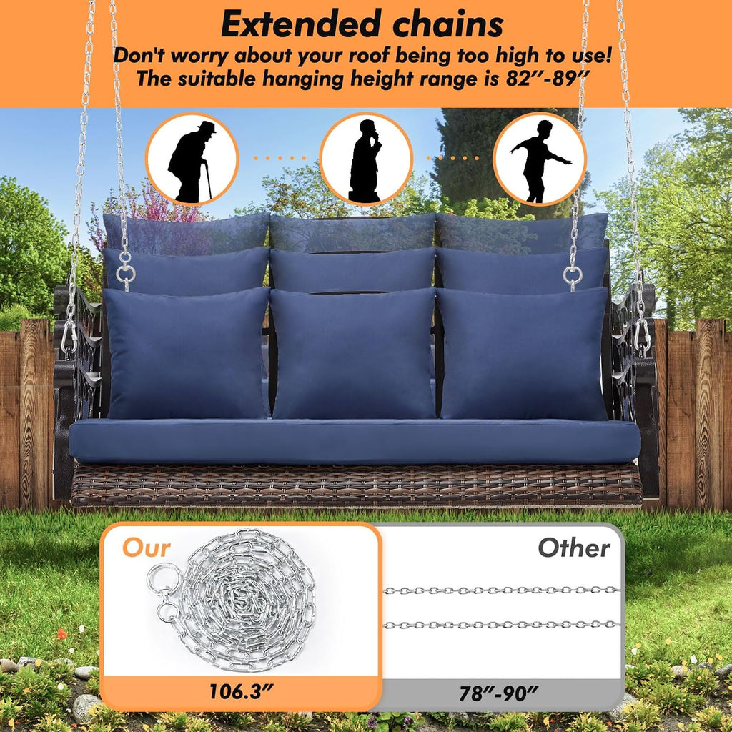 3-Person Wicker Porch Swing Chair Heavy Duty 900 LBS Outdoor Rattan Patio Swing Chair w/Cup-Holder & Steel Chains