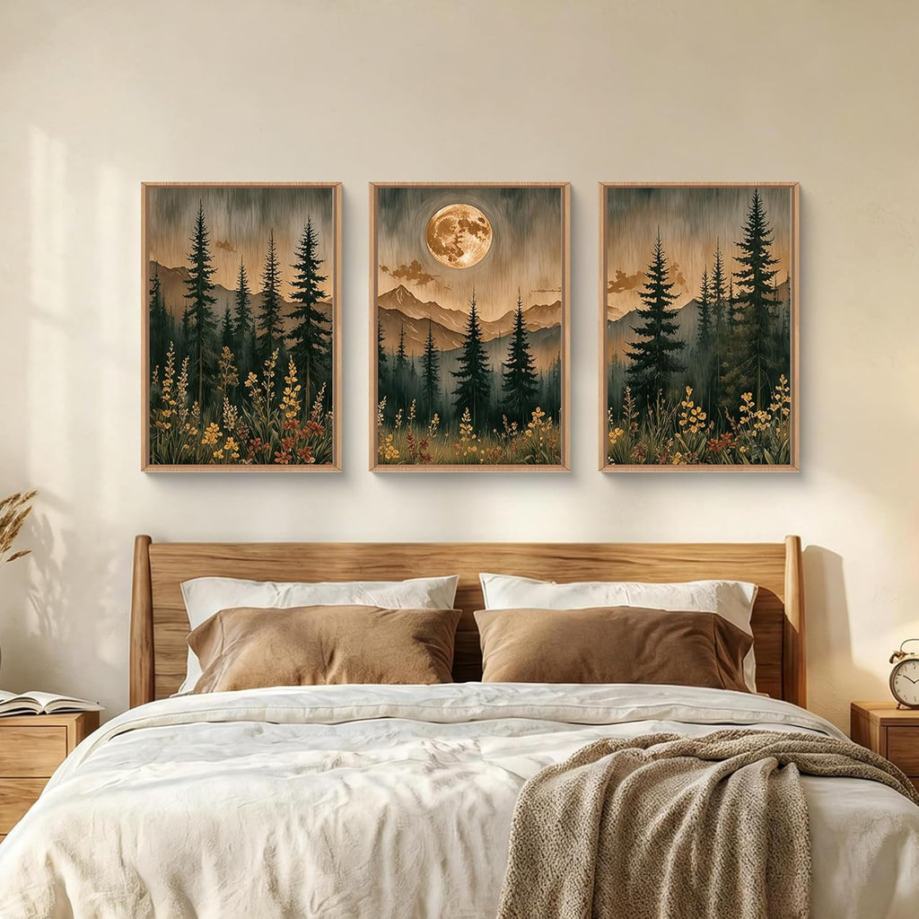 Vintage Boho Nature Moonlight Forest Mountain Framed Canvas Wall Art Set,Wilderness Dark Moon Woodland Floral