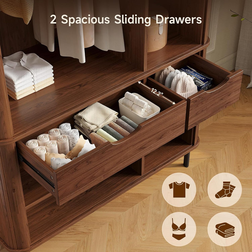 Armoire Wardrobe Closet with Sliding Doors, 71" Bedroom Armoires, Walnut | with 2 Drawers, with Hanging Rod and