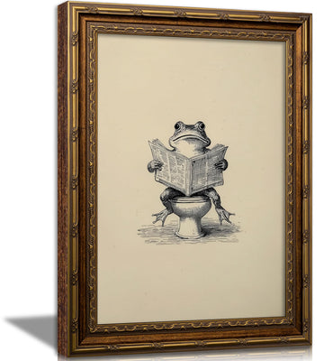 Vintage Gold Framed Funny Animal Bathroom Wall Art, Frog on the Toilet Reading Newspaper Wall Decor, Black White