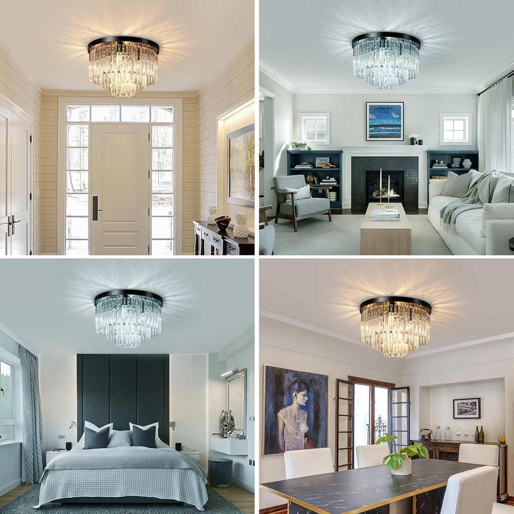 16" Black Crystal Chandelier Ceiling Light, Flush Mount 5-Lights 3-Tier K9 Crystal Round Chandelier Light for Dining