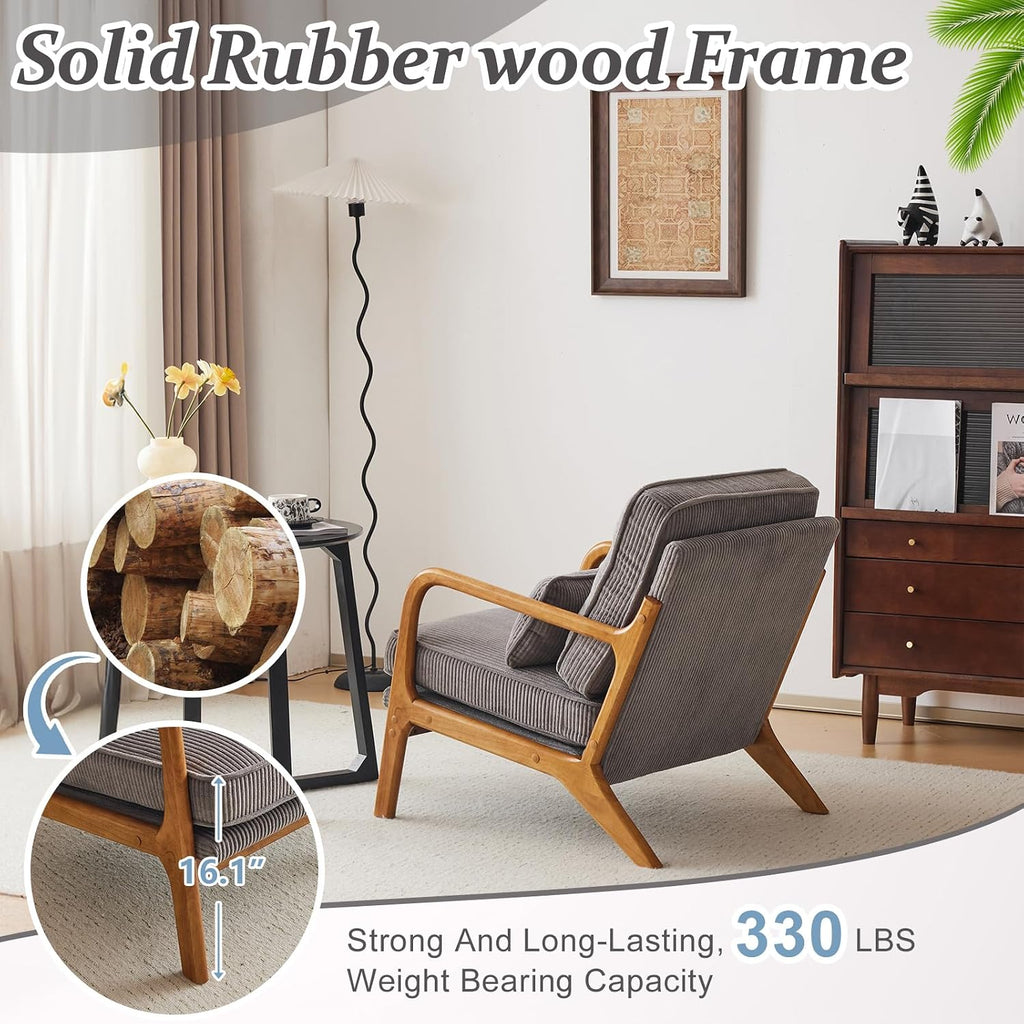 Upgraded Premium Corduroy Accent Chair,Upholstered Arm Chair,Solid Wood Comfy Reading Chair with Lumbar Pillow, Mid
