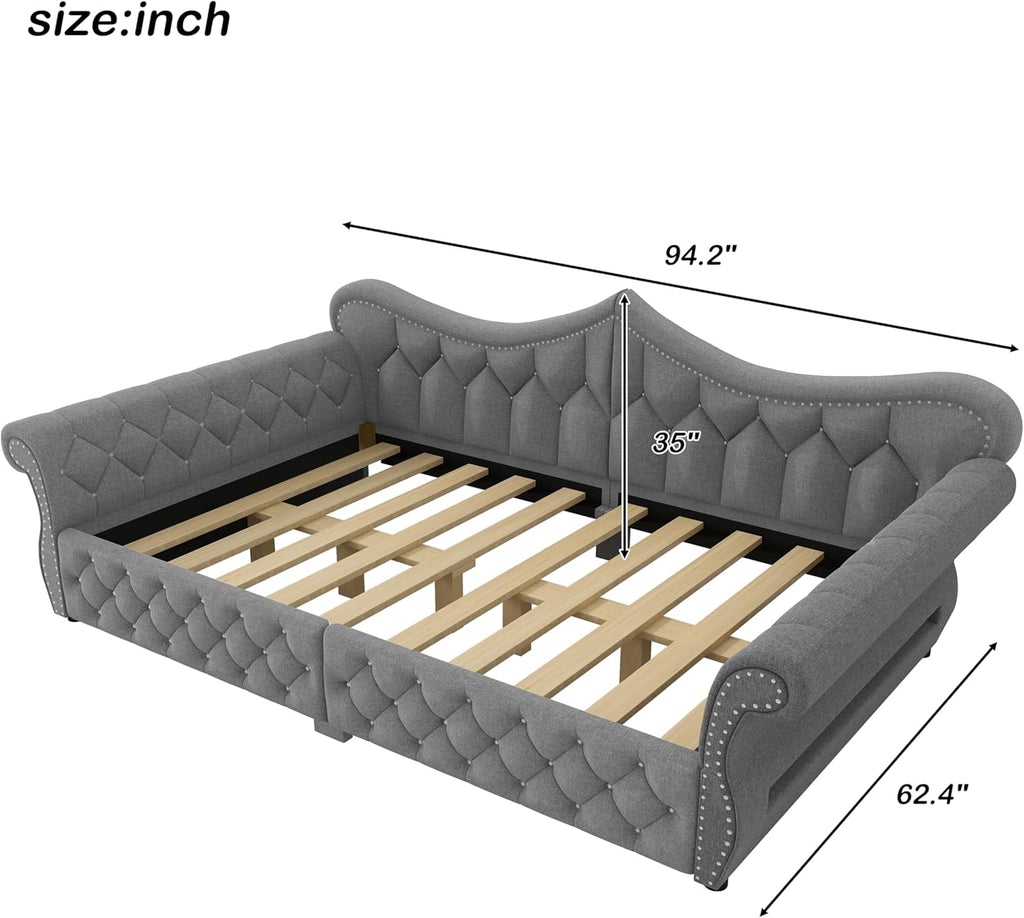 Queen Size Upholstered Daybed with LED Lights, Convertible Sofa Bed with Nailhead Trim, Tufted Design, Wooden Frame