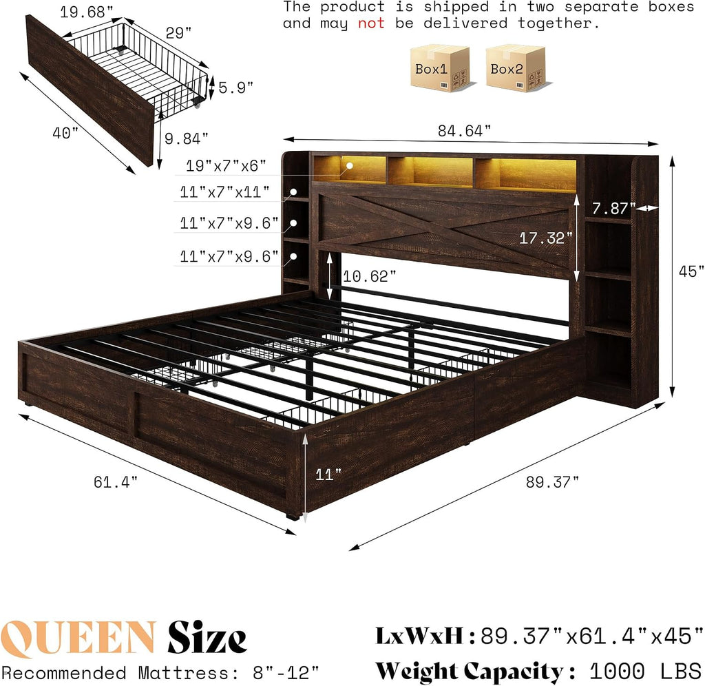 45'' Farmhouse Queen Bed Frame with 4 Drawers, LED Bed Frame with Bookcase Headboard & Side Shelves, Wood Platform