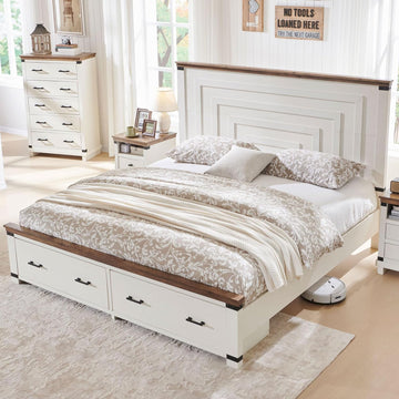 Farmhouse King Bed Frame with 54" Tall Geometric Headboard & 2 Large Storage Drawers, Rustic Wood Platform Bed with