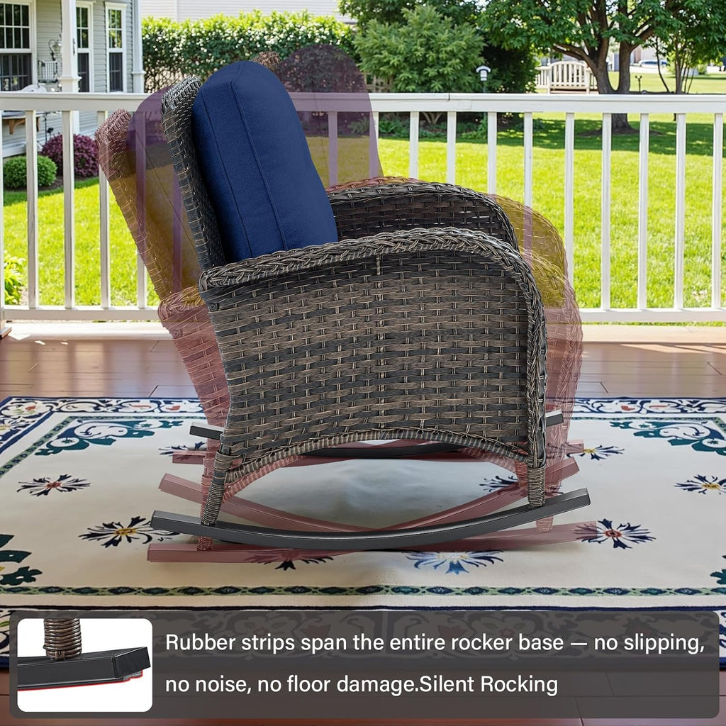 Patio Rocking Chair Wicker Chair, 1 Piece Outdoor Rocking Chair Seating with Cushions for Porch Deck Balcony