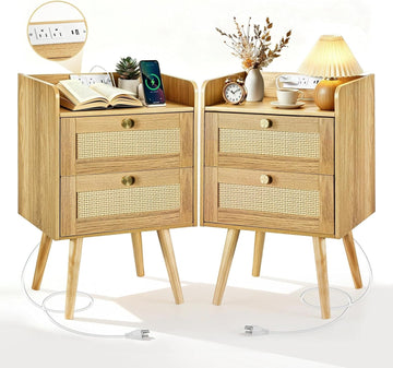 Nightstands Set of 2 with Charging Station, Modern Boho Rattan Bedside Tables with 2 Drawers,Open Storage End Tables