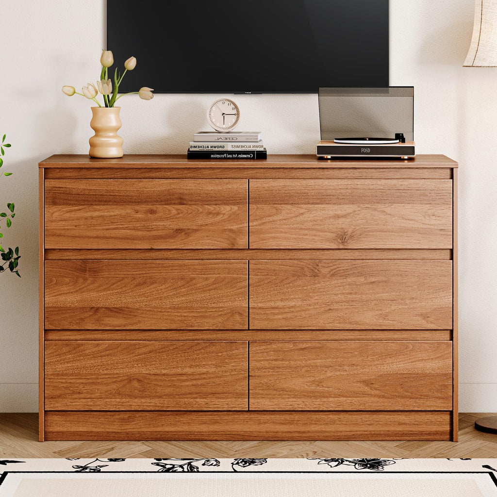6 Drawer Dresser,47" Wide Mid Century Chest of Drawers,Wooden Bedroom Drawer Dresser with 6 Storage Drawers ,with
