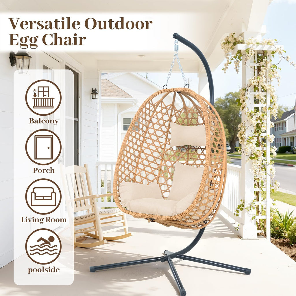 Hanging Egg Chair with Stand,All-Weather Rattan,330LBS Cap,Burlywood | Swing Chair with stand & thick cushions,330lb