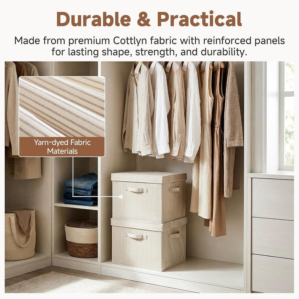 Storage Bins with Lid, Decorative Fabric Storage Bins with Handles, Stackable Closet Organizers for Shelves and