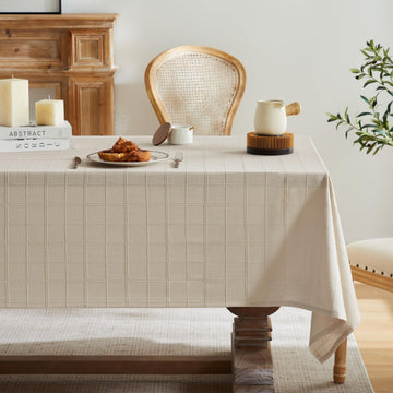 Linen Checked Square Table Cloth 60x60 Inch Neutral Beige