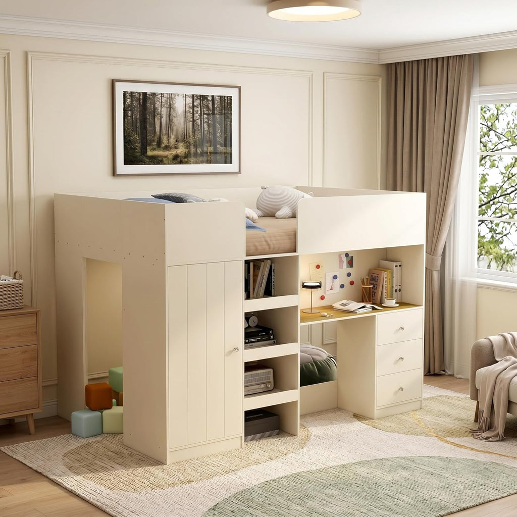 Full Loft Bed with Desk, Wood Full Loft Bed Frame with Built-in Wardrobe, Storage Shelves and Drawers, Beige