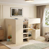 Full Loft Bed with Desk, Wood Full Loft Bed Frame with Built-in Wardrobe, Storage Shelves and Drawers, Beige