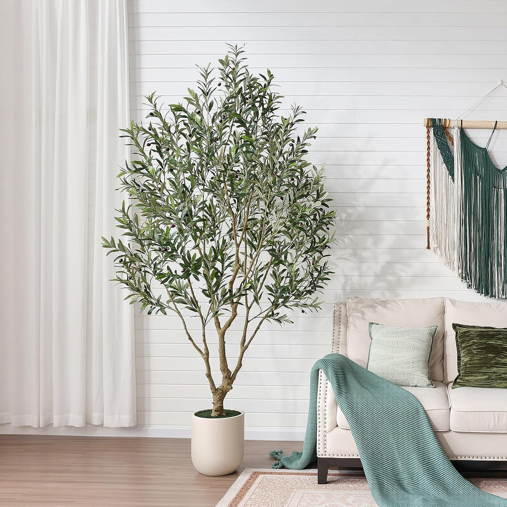 8ft Artificial Olive Tree, Natural Wood Trunk, 11.5in Planter