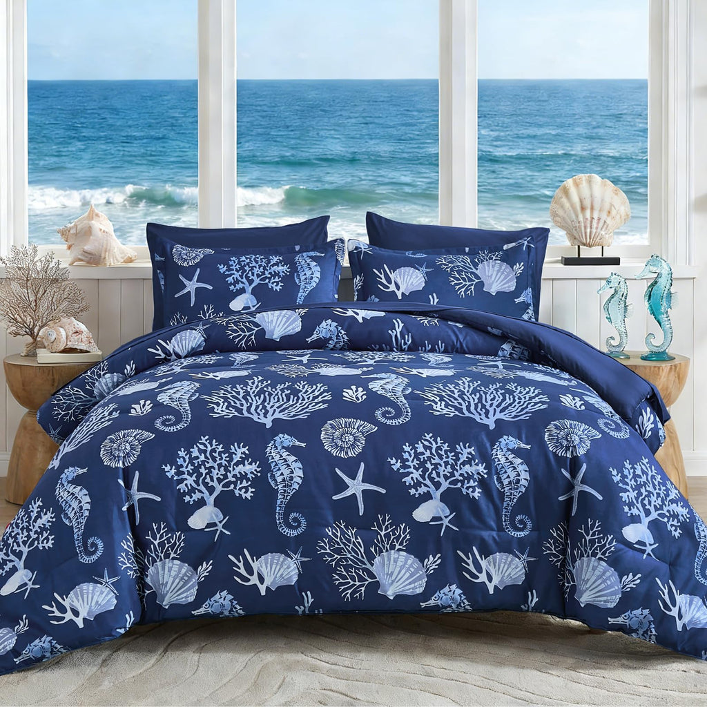 Coastal Queen Size Comforter Set 7 Piece, Soft Beach Themed Comforter Ocean Nautical Navy Bedding Sets for All Season