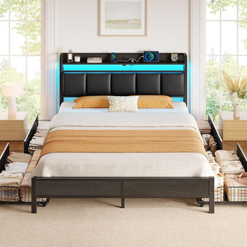 Bed Frame Queen with Charging Station and LED Lights, Upholstered Storage Headboard with Drawers
