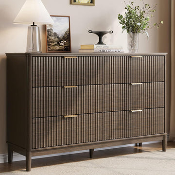 Fluted 6 Drawer Dresser , 54" Wide Mid-Century Modern Tall Chest of Drawers, Curved Corner Design, Storage Dressers