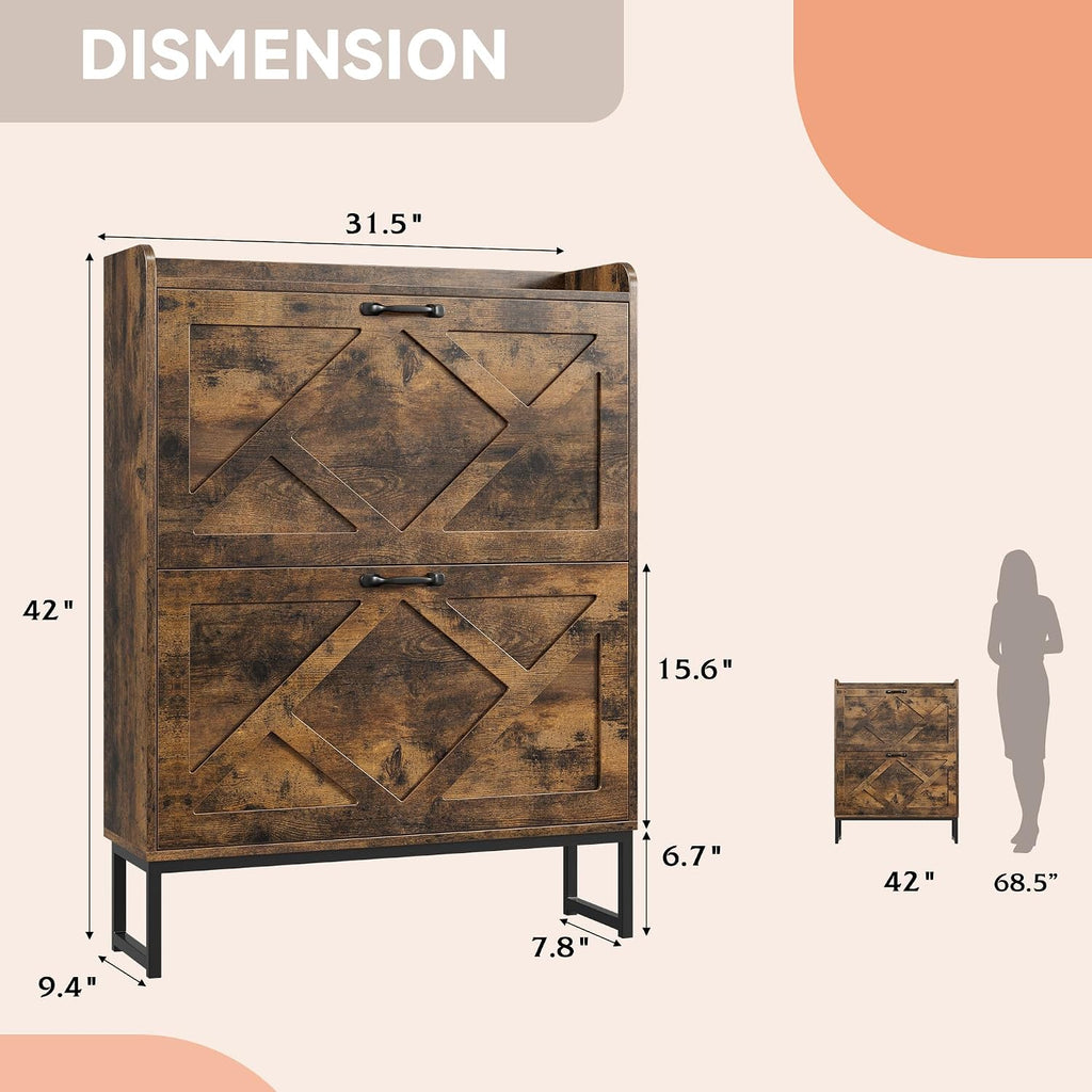 Shoe Cabinet Organizer with 2 Flip Drawers, Freestanding Narrow Rack with Metal Legs, Farmhouse Slim Shoe Storage